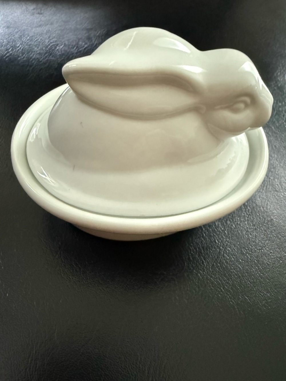 World Market White Rabbit Covered Butter Dish w/ Lid, Ceramic Oval Glossy Solid
